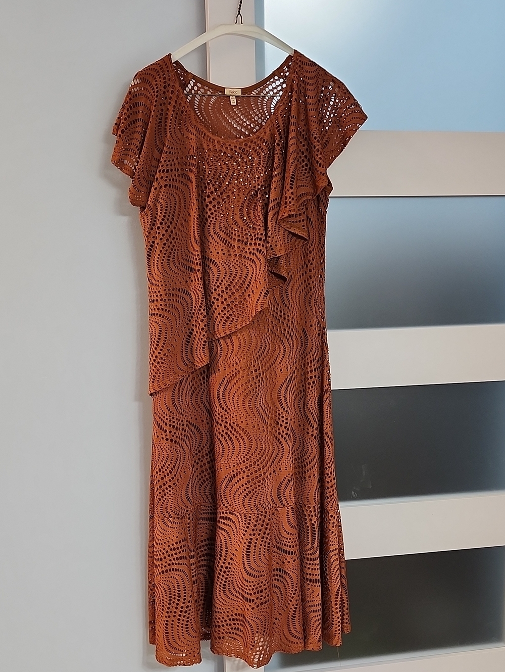 Reba Burnt Orange Crochet Ruffle Midi Dress